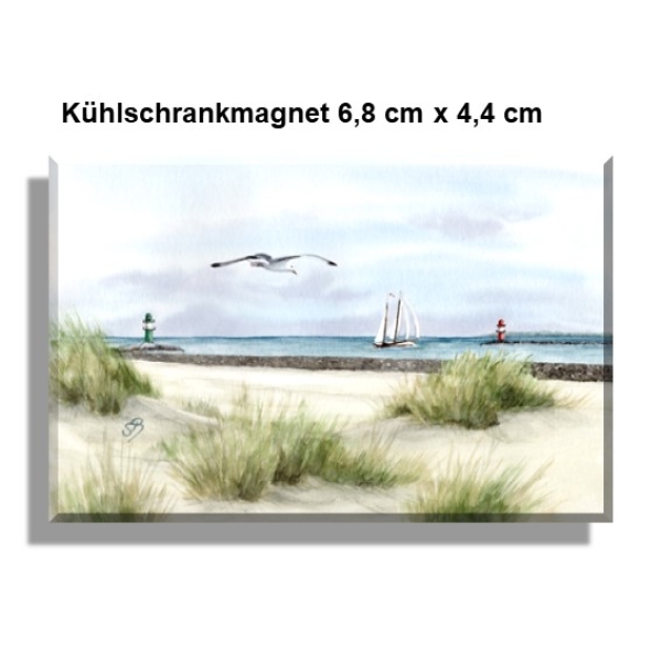 Kühlschrankmagnet  Aquarell Maritim Kunst Druck Kunstdruck Ostsee Leuchtturm Warnemünde West- und Ostmole Molenfeuer  Rostock